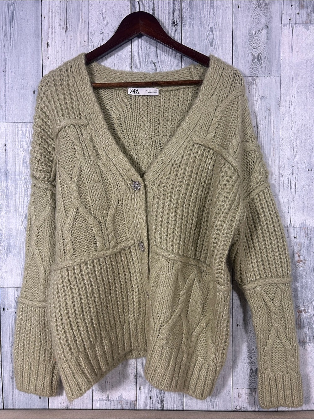Zara Patchwork Chunky Cable Knit Oversized Oatmeal Cardigan Jewel Buttons Small